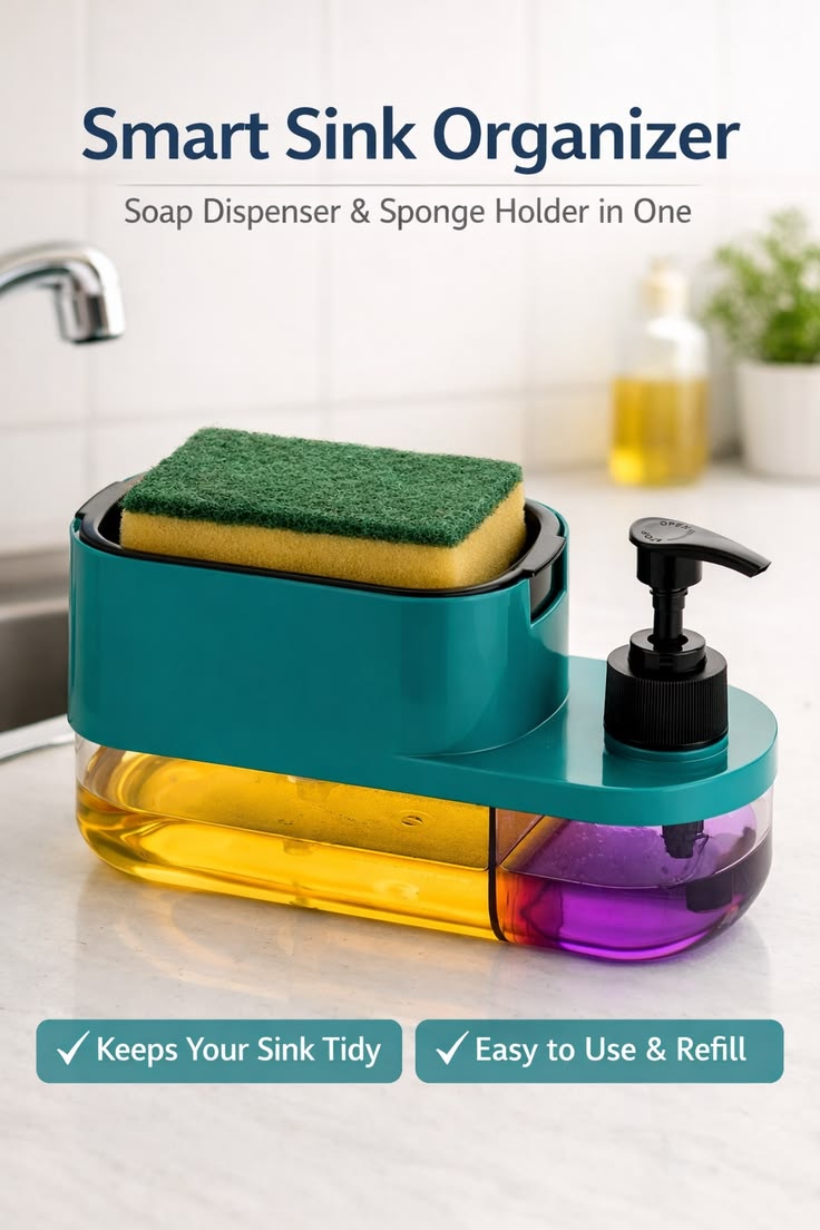 ABS 3 in 1 Soap Pump Dispenser Dish Soap Liquid Dispenser Sponge Holder Dish Soap Pump Dispenser for Kitchen Sink Countertop Bathroom Outdoor Garden(Peacock Colour), Multicolor