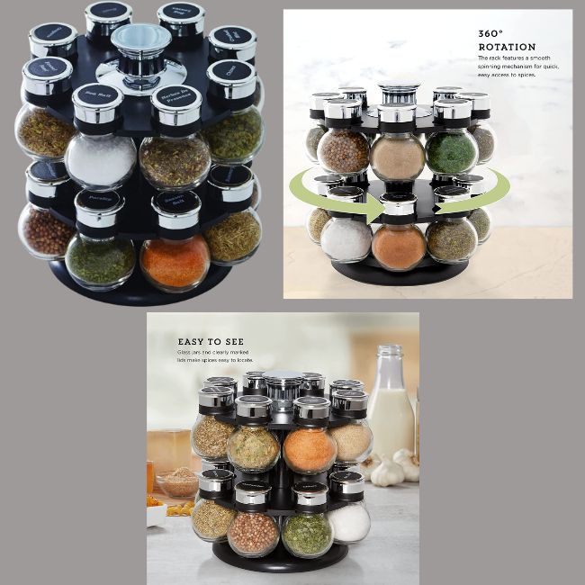 LINAIRE Multipurpose Plastic Big Revolving Spice Rack 16 in 1 Masala Rack Set Condiment Set Spice Container Tabletop Jar Bottle Spice Rack Unbreakable Kitchen Shelves (Black)