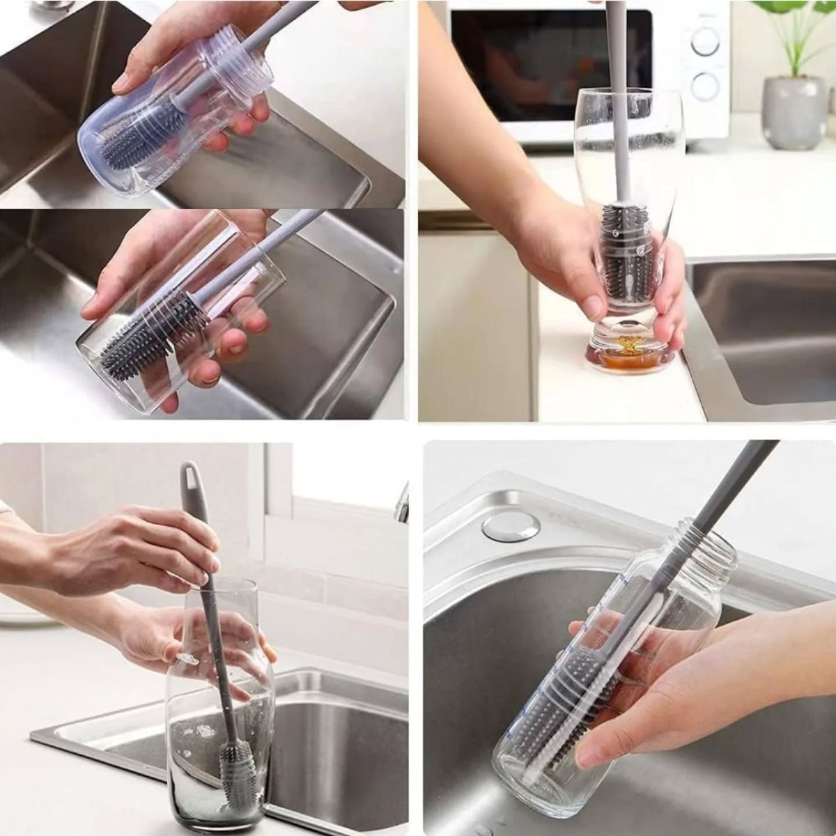 Bottle Cleaning Brush Silicone Long Handle for Water Bottle Narrow Neck Containers Vase and Glass Sports Bottle Cleaner for Home and Kitchen Accessories Item Products (28-CM-Grey-Brush-Silicone)