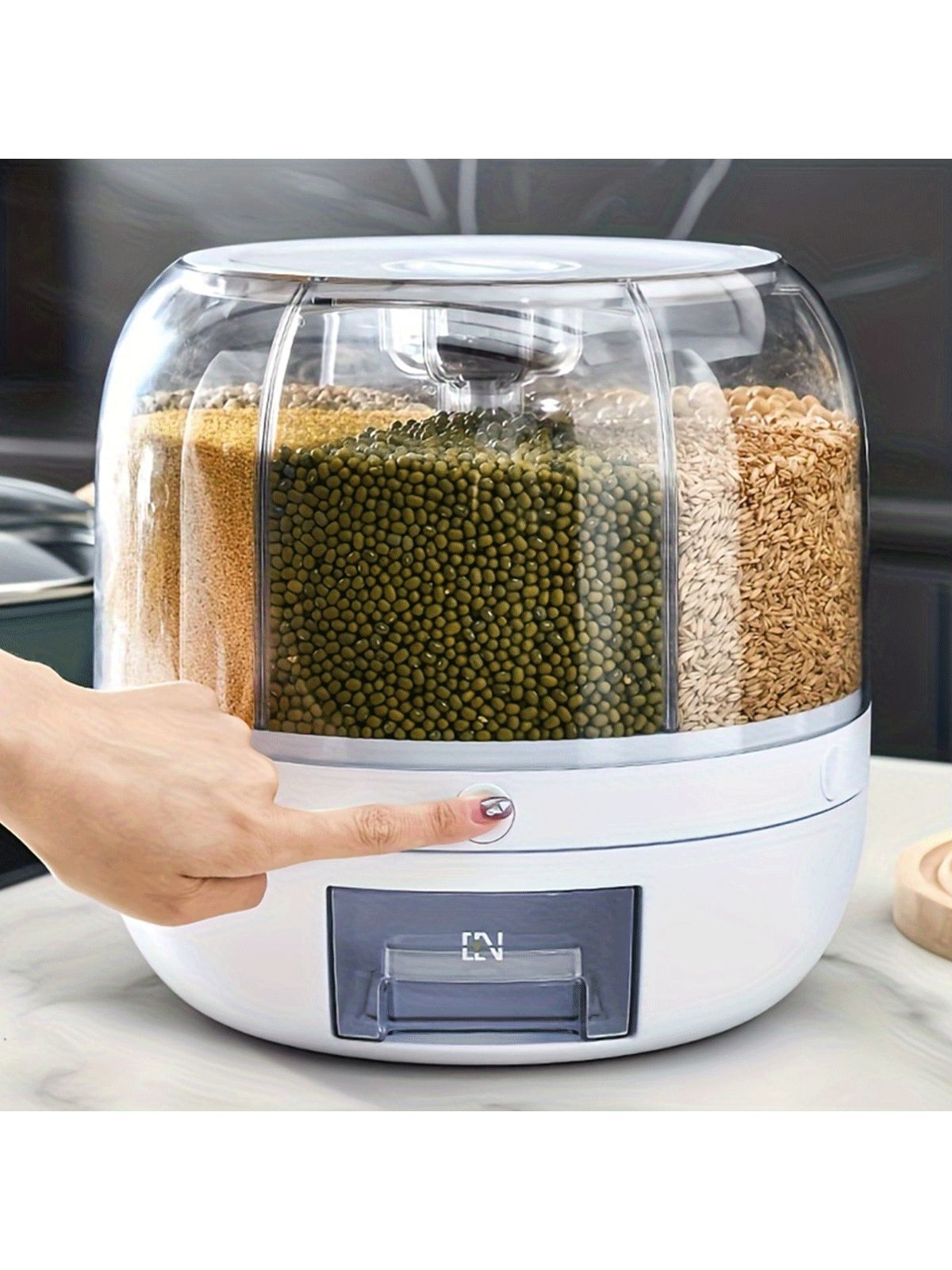 Grain Dispenser, 360° Rotating Storage Container, 6 Grid Food Dispenser with Storage Sealed Lid, One-Click Rice Picking, Rice Dispenser for Grains, Beans, Rice, Peanut, Barley, White