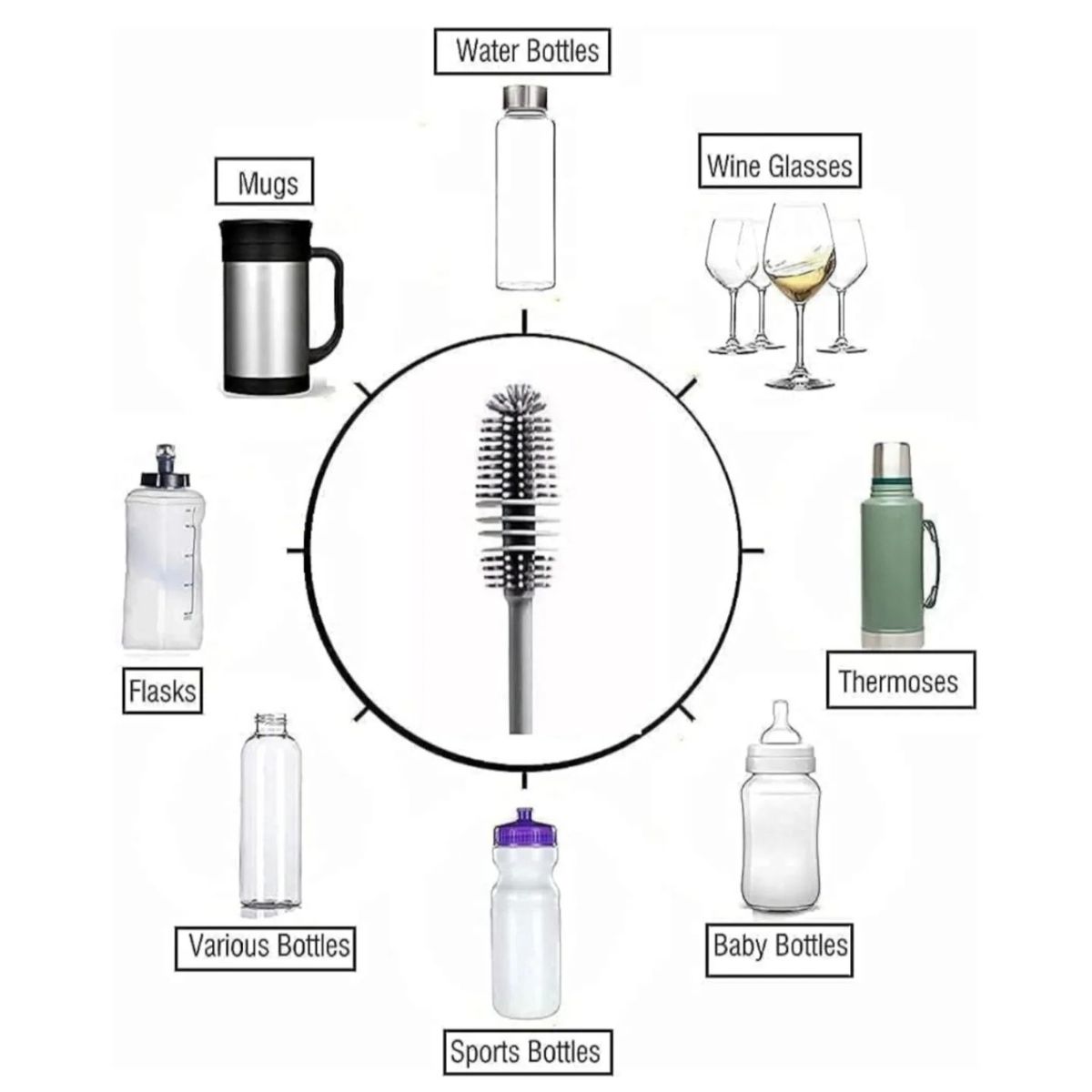 Bottle Cleaning Brush Silicone Long Handle for Water Bottle Narrow Neck Containers Vase and Glass Sports Bottle Cleaner for Home and Kitchen Accessories Item Products (28-CM-Grey-Brush-Silicone)