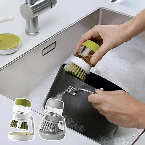 Cleaning Brush with Soap Dispenser for Kitchen Sink, Dish, and Utensils | Plastic Multipurpose Dish Washer Brush with Liquid Storage & Stand