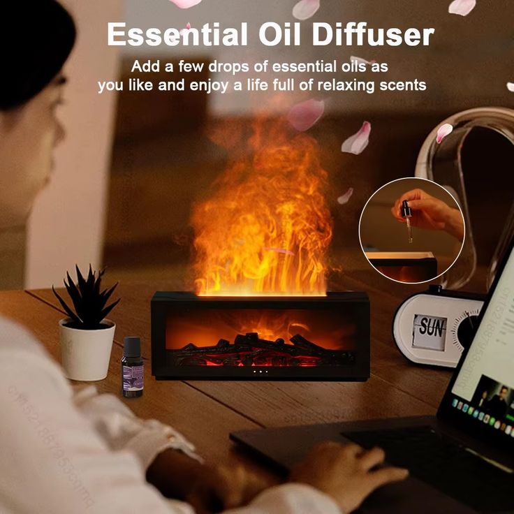Aroma Essential Oil Fireplace Diffuser with Premium Box Colorful Flame Diffuser Bonfire Fireplace Humidifier for Home Office
