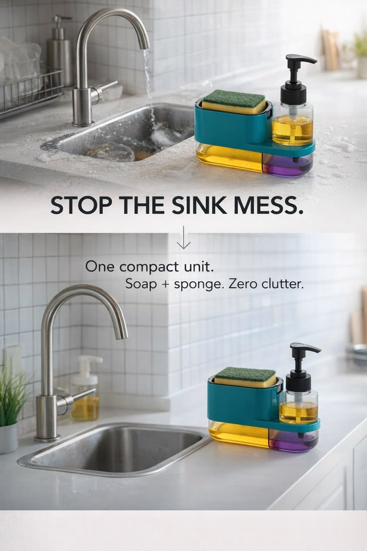 ABS 3 in 1 Soap Pump Dispenser Dish Soap Liquid Dispenser Sponge Holder Dish Soap Pump Dispenser for Kitchen Sink Countertop Bathroom Outdoor Garden(Peacock Colour), Multicolor