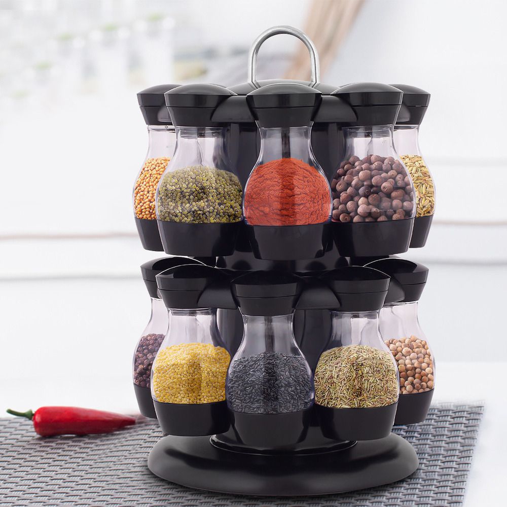 LINAIRE Multipurpose Plastic Big Revolving Spice Rack 16 in 1 Masala Rack Set Condiment Set Spice Container Tabletop Jar Bottle Spice Rack Unbreakable Kitchen Shelves (Black)