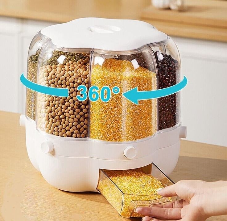 Grain Dispenser, 360° Rotating Storage Container, 6 Grid Food Dispenser with Storage Sealed Lid, One-Click Rice Picking, Rice Dispenser for Grains, Beans, Rice, Peanut, Barley, White