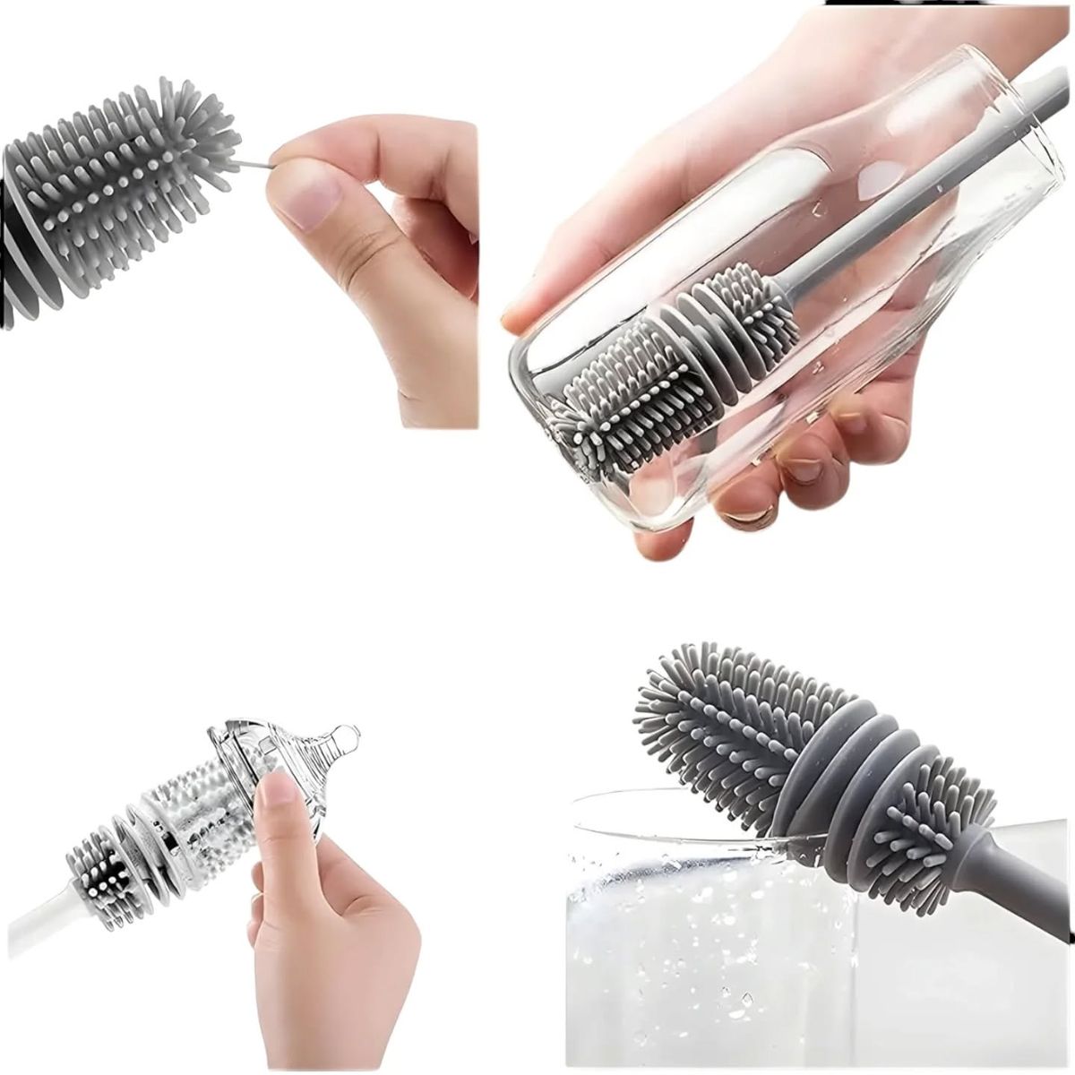 Bottle Cleaning Brush Silicone Long Handle for Water Bottle Narrow Neck Containers Vase and Glass Sports Bottle Cleaner for Home and Kitchen Accessories Item Products (28-CM-Grey-Brush-Silicone)