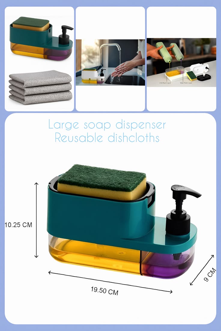 ABS 3 in 1 Soap Pump Dispenser Dish Soap Liquid Dispenser Sponge Holder Dish Soap Pump Dispenser for Kitchen Sink Countertop Bathroom Outdoor Garden(Peacock Colour), Multicolor