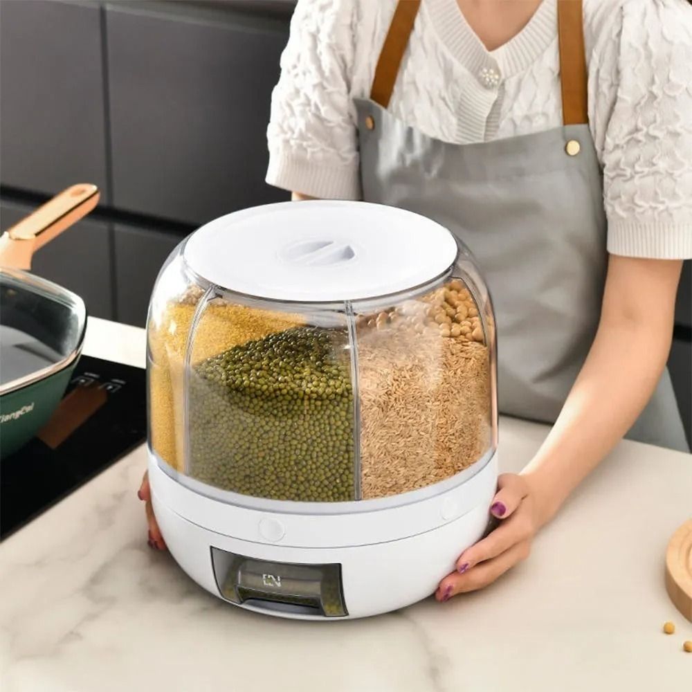 Grain Dispenser, 360° Rotating Storage Container, 6 Grid Food Dispenser with Storage Sealed Lid, One-Click Rice Picking, Rice Dispenser for Grains, Beans, Rice, Peanut, Barley, White