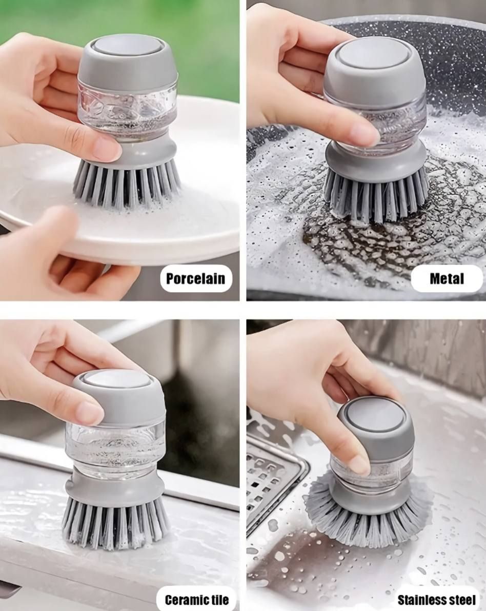 Cleaning Brush with Soap Dispenser for Kitchen Sink, Dish, and Utensils | Plastic Multipurpose Dish Washer Brush with Liquid Storage & Stand